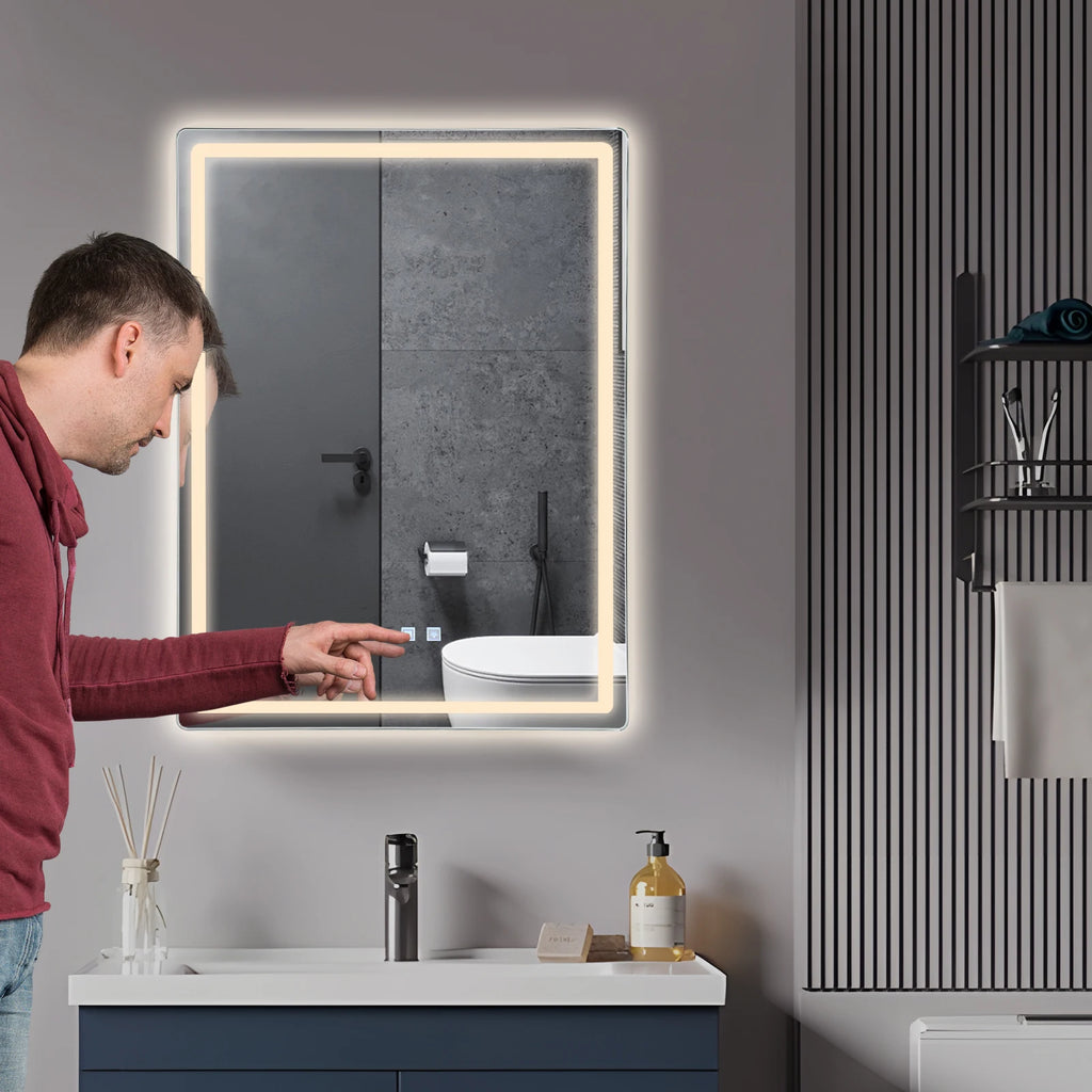 LED Bathroom Wall Mirror, 500x700mm Smart Anti-Fog Mirror with Touch Control, Digital Clock & Temp Display, for Vanity Makeup