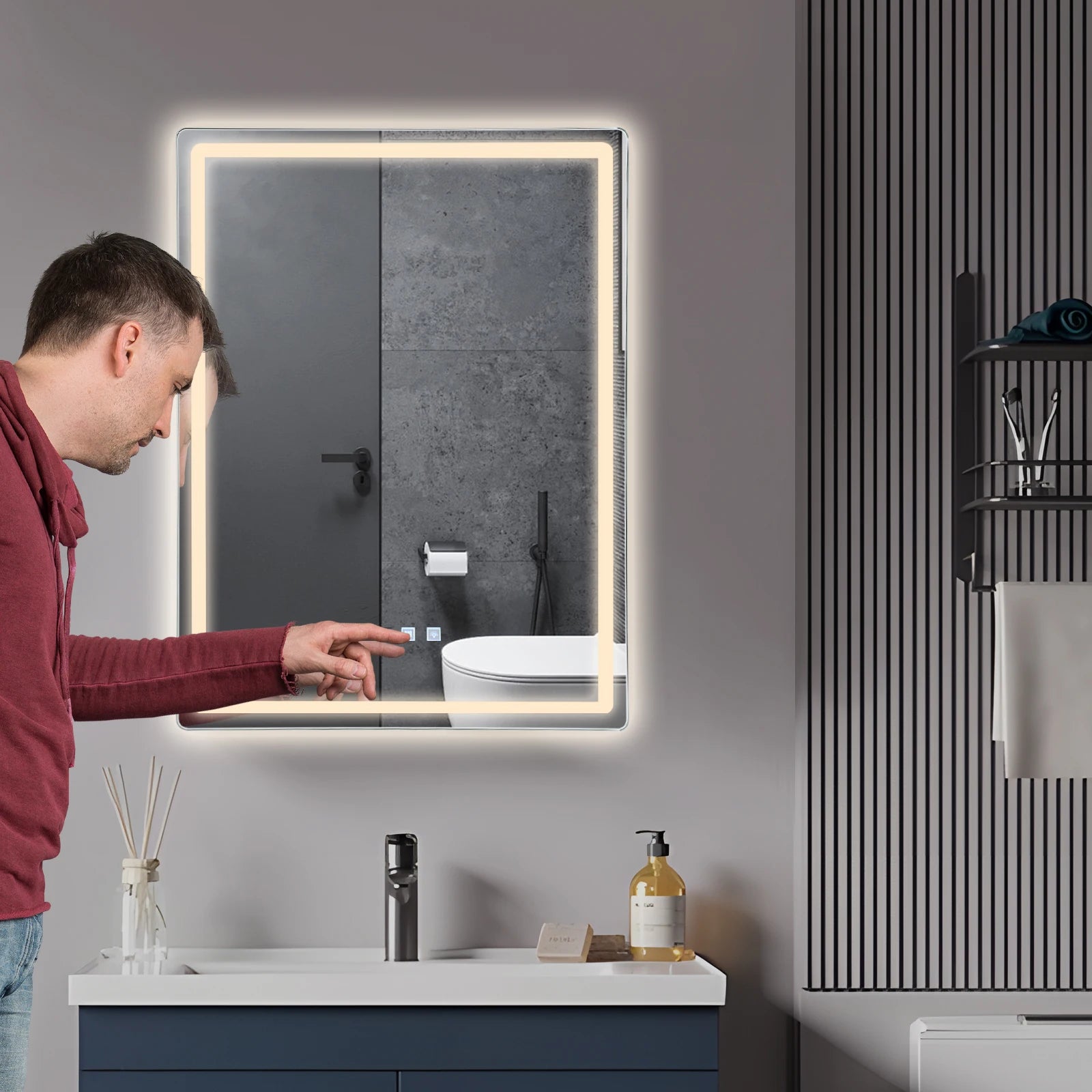 LED Bathroom Wall Mirror, 500x700mm Smart Anti-Fog Mirror with Touch Control, Digital Clock & Temp Display, for Vanity Makeup