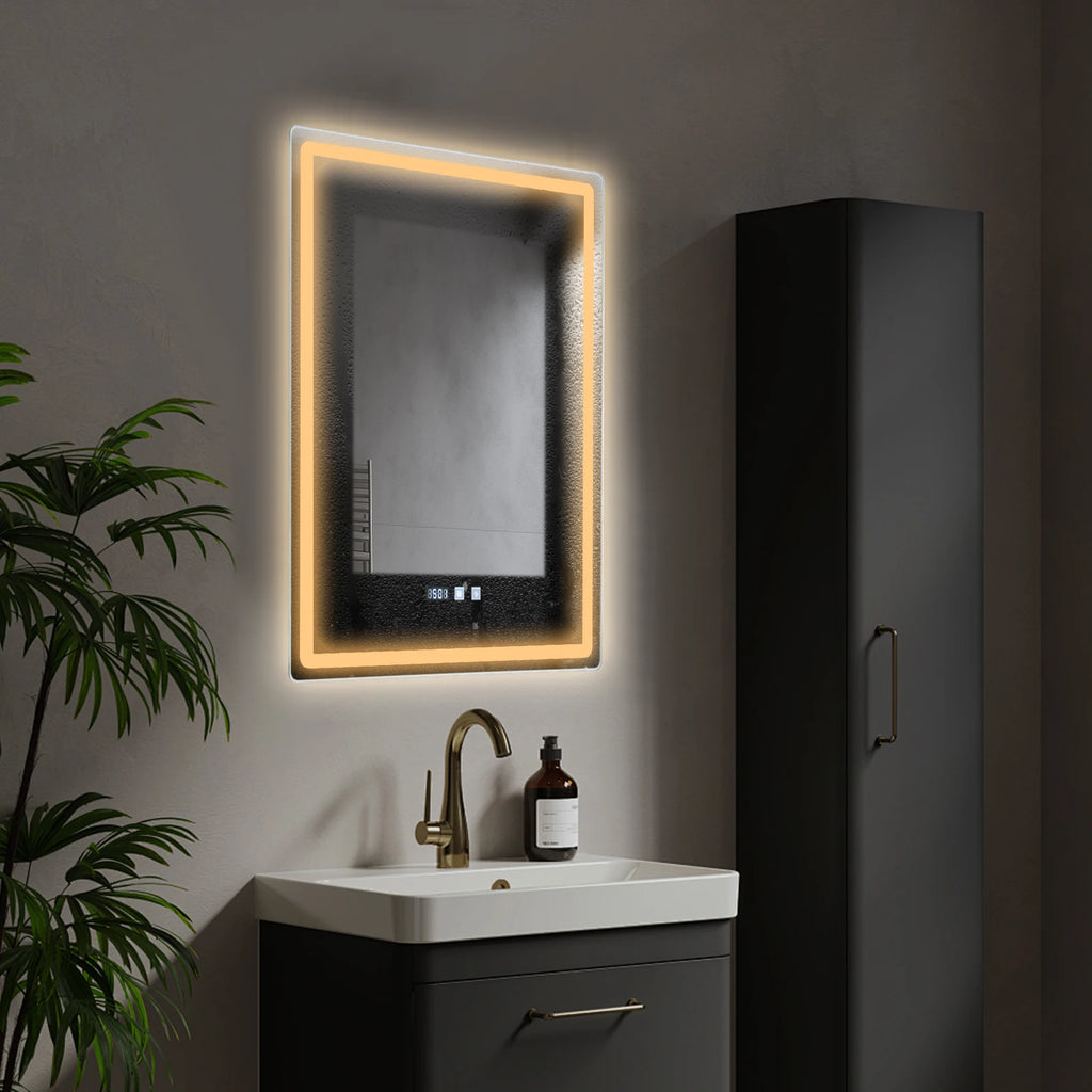 LED Bathroom Wall Mirror, 500x700mm Smart Anti-Fog Mirror with Touch Control, Digital Clock & Temp Display, for Vanity Makeup